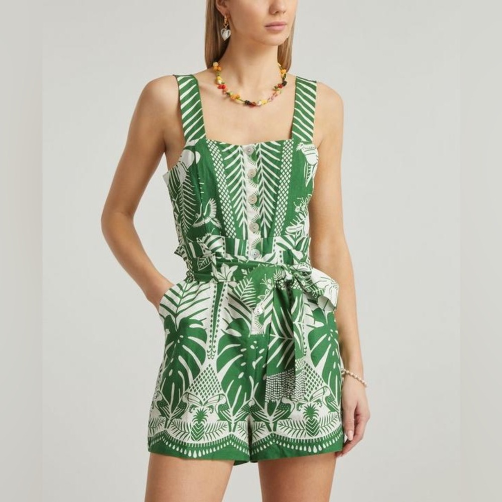 FARM Rio Green and White Tropical Jumpsuit XS